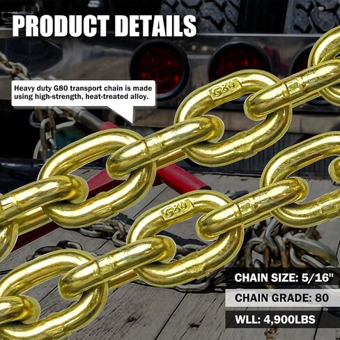 سلسلة ربط النقل G80 5/16 بوصة × 20 قدم | سلسلة سحب مع خطافات إمساك Clevis | حمل عمل آمن يصل إلى 4,900 رطل | سلسلة شديدة التحمل لنقل القطر (5/16 بوصة × 20 قدمًا (زنك أصفر)) in Kuwait