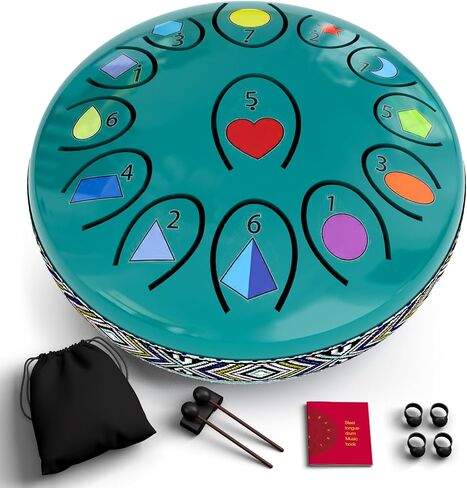 REGIS Rain Drum for Outside Garden – Steel Tongue Drum, Waterproof Meditation Rain Chime, UV-Printed Notes & Geometric Design, with Bag, Mallets & Music Book (Malachite Green, 6.5 Inch 13 Notes) in Kuwait