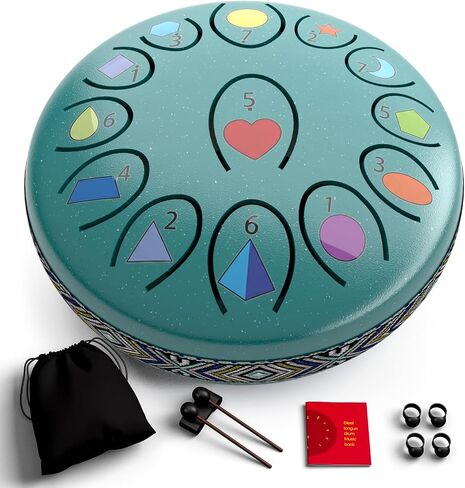 REGIS Rain Drum for Outside Garden – Steel Tongue Drum, Waterproof Meditation Rain Chime, UV-Printed Notes & Geometric Design, with Bag, Mallets & Music Book (Malachite Green, 6.5 Inch 13 Notes) in Saudi Arabia
