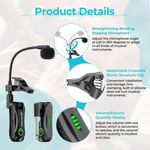 JOJOCY 2.4G Wireless Instrument Microphone System, Clip-On Professional Mic with Transmitter & Receiver, 100ft/30M Range for Saxophone, Trumpet, Trombone, Erhu and More in Kuwait