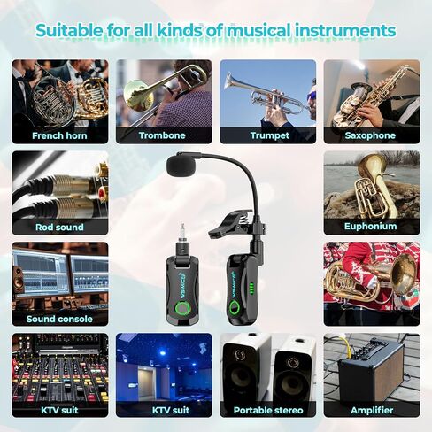 JOJOCY 2.4G Wireless Instrument Microphone System, Clip-On Professional Mic with Transmitter & Receiver, 100ft/30M Range for Saxophone, Trumpet, Trombone, Erhu and More in Kuwait