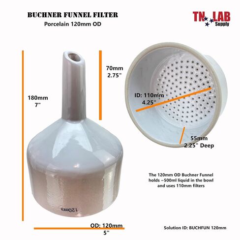 مجموعة قارورة فلتر من TN Lab Buchner مع قمع سيراميك بورسلين 120 مم وقارورة مفرغة من زجاج البورسليكات ثقيلة الجدار سعة 1000 مل وسعة 1 لتر مع محول إغلاق in Kuwait