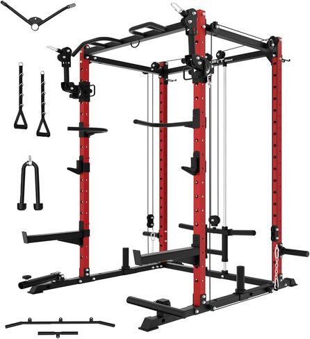 Eonfit E2 Power Cage، رف القرفصاء سعة 1500 رطل مع نظام كروس الكابل. رف طاقة متعدد الوظائف لصالة الألعاب الرياضية المنزلية. رف القرفصاء الكل في واحد مع المزيد من ملحقات التدريب in Kuwait