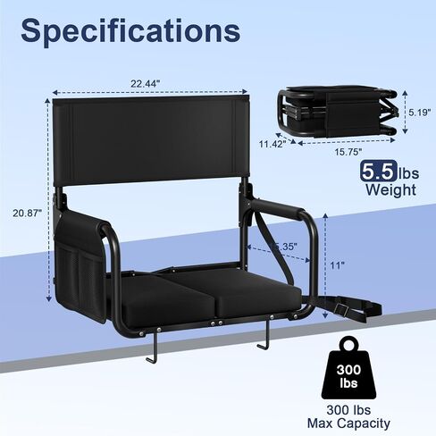 Stadium Seats with Back Support, Portable Bleacher Chairs with Back and Cushion, Cushion Folds in Half to Compact Size, Comfortable Bleacher Seat for Sports Events, Football Games, Black in Kuwait