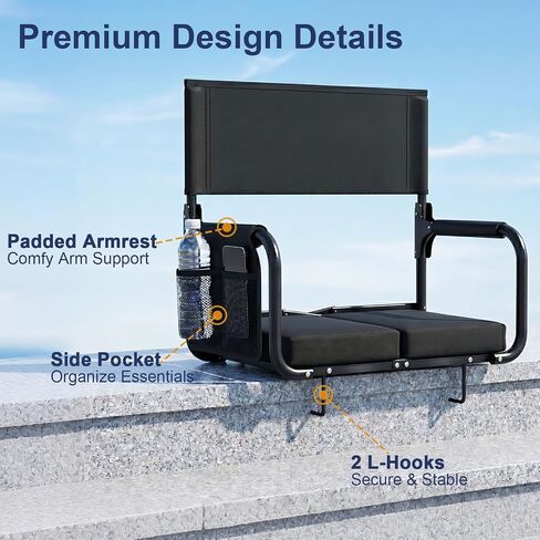 Stadium Seats with Back Support, Portable Bleacher Chairs with Back and Cushion, Cushion Folds in Half to Compact Size, Comfortable Bleacher Seat for Sports Events, Football Games, Black in Kuwait