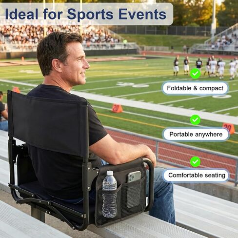 Stadium Seats with Back Support, Portable Bleacher Chairs with Back and Cushion, Cushion Folds in Half to Compact Size, Comfortable Bleacher Seat for Sports Events, Football Games, Black in Kuwait