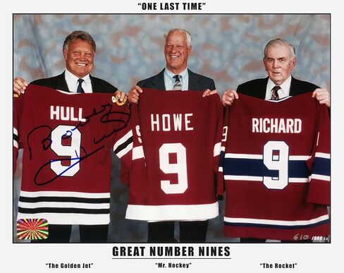 Bobby Hull Autographed Three Great Nines Limited Edition 8" x 10"Photograph – Featuring Maurice Richard, Gordie Howe, Chicago Hockey Collectible (8" x 10") – Limited Edition /999 in Kuwait