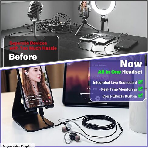 H6 Portable Karaoke Sound Card Headset with in-Ear Monitoring, Voice Changer & 6 Sound Effects, Noise Canceling Mic, Plug & Play Wired Karaoke Singing Monitor Headphones for Streaming & Recording in Kuwait