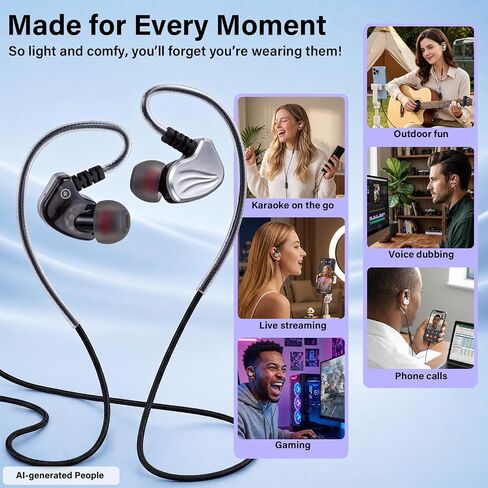 H6 Portable Karaoke Sound Card Headset with in-Ear Monitoring, Voice Changer & 6 Sound Effects, Noise Canceling Mic, Plug & Play Wired Karaoke Singing Monitor Headphones for Streaming & Recording in Kuwait