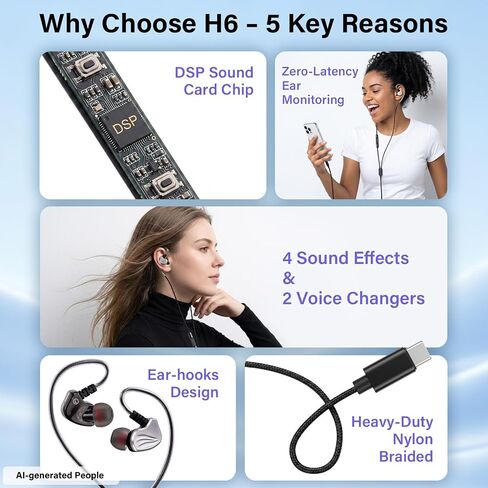 H6 Portable Karaoke Sound Card Headset with in-Ear Monitoring, Voice Changer & 6 Sound Effects, Noise Canceling Mic, Plug & Play Wired Karaoke Singing Monitor Headphones for Streaming & Recording in Kuwait