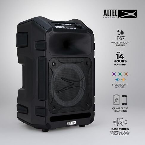 مكبر صوت محمول مقاوم للماء من Altec Lansing، Sonic Boom 180، قوة ذروة 180 وات، مصابيح LED متعددة الألوان، شحن لاسلكي Qi مدمج، راديو FM، مدخل Aux، اتصال قوي، مقبض عربة متين in Kuwait