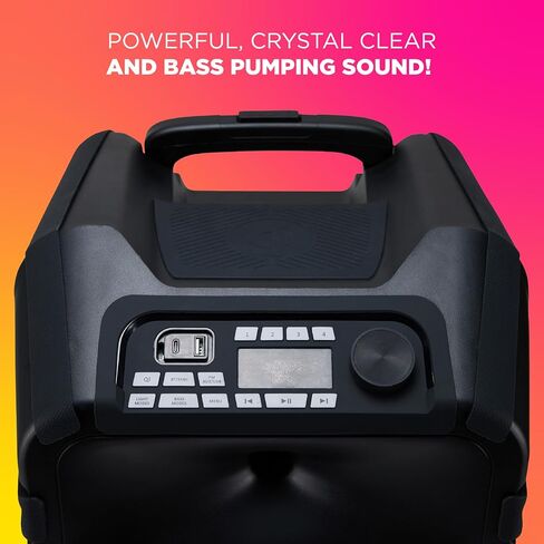 مكبر صوت محمول مقاوم للماء من Altec Lansing، Sonic Boom 180، قوة ذروة 180 وات، مصابيح LED متعددة الألوان، شحن لاسلكي Qi مدمج، راديو FM، مدخل Aux، اتصال قوي، مقبض عربة متين in Kuwait