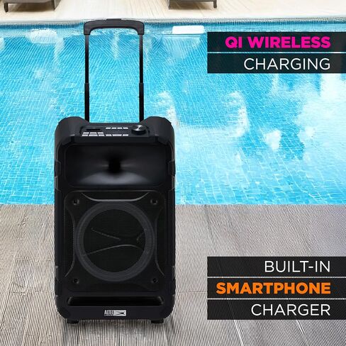 مكبر صوت محمول مقاوم للماء من Altec Lansing، Sonic Boom 180، قوة ذروة 180 وات، مصابيح LED متعددة الألوان، شحن لاسلكي Qi مدمج، راديو FM، مدخل Aux، اتصال قوي، مقبض عربة متين in Kuwait