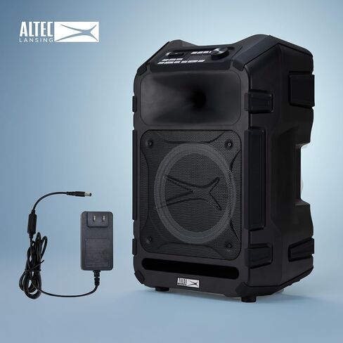 مكبر صوت محمول مقاوم للماء من Altec Lansing، Sonic Boom 180، قوة ذروة 180 وات، مصابيح LED متعددة الألوان، شحن لاسلكي Qi مدمج، راديو FM، مدخل Aux، اتصال قوي، مقبض عربة متين in Kuwait