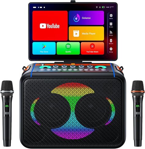 Smart Karaoke Machine with 14.0'' Touch Screen, Lyrics Display & Pre-Install Karaoke APP, Up to 600W Party Speaker and Dual Wireless Mics, Portable for Home & Outdoor in Saudi Arabia