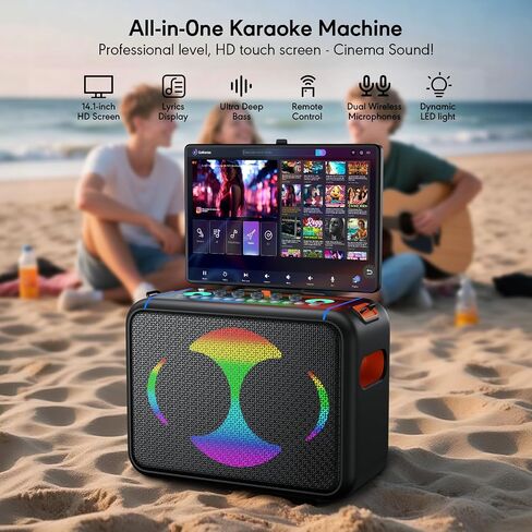 Smart Karaoke Machine with 14.0'' Touch Screen, Lyrics Display & Pre-Install Karaoke APP, Up to 600W Party Speaker and Dual Wireless Mics, Portable for Home & Outdoor in Saudi Arabia