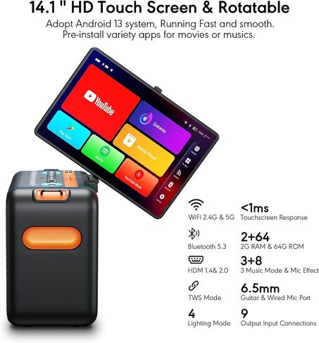 Smart Karaoke Machine with 14.0'' Touch Screen, Lyrics Display & Pre-Install Karaoke APP, Up to 600W Party Speaker and Dual Wireless Mics, Portable for Home & Outdoor in Saudi Arabia
