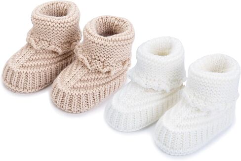 2 Pairs Baby Booties Newborn Baby Hand Crochet Knit Boots Infant Soft Cozy Warm Shoes for Toddler Girls Boys in Kuwait