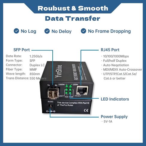 محول إيثرنت الألياف متعددة الأوضاع Gigabit (2 PCS) ، مع وحدتين من SFP LC ثنائية الاتجاه ، 1.25G SFP إلى 10/100/1000BASE RJ45 ، 550M ، التوصيل والتشغيل ، التوحيد التلقائي ، التوافق متعدد الاستخدامات ، حالة معدنية in Kuwait