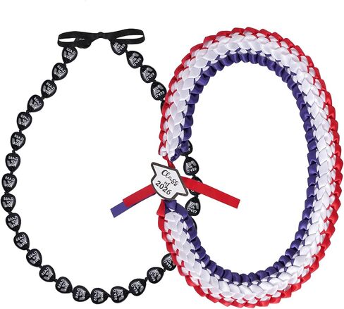 2 PCS تخرج Leis Class of 2025 Black Hawaiian Kukui Nut Beads Necklace Double Loved Ribbon Necklace Gafet in Kuwait