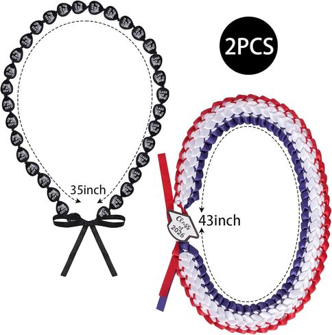 2 PCS تخرج Leis Class of 2025 Black Hawaiian Kukui Nut Beads Necklace Double Loved Ribbon Necklace Gafet in Kuwait