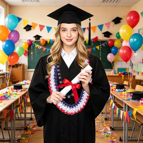 2 PCS تخرج Leis Class of 2025 Black Hawaiian Kukui Nut Beads Necklace Double Loved Ribbon Necklace Gafet in Kuwait