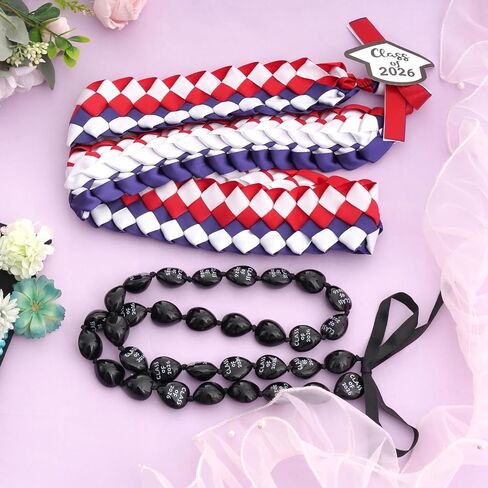 2 PCS تخرج Leis Class of 2025 Black Hawaiian Kukui Nut Beads Necklace Double Loved Ribbon Necklace Gafet in Kuwait