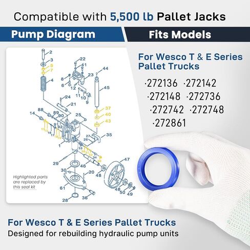 270158 طقم ختم المضخة الهيدروليكية لمقبس البليت Wesco - طقم إعادة بناء الوحدة الهيدروليكية المكون من 13 قطعة، يحل محل WE270158-TH / WC270158-TH، يناسب شاحنات البليت اليدوية من سلسلة Wesco T & E بوزن 5,500 رطل in Kuwait