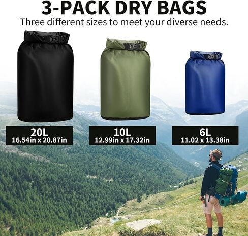 Pimoys Dry Bag Waterproof 3 Pack Lightweight Dry Sack, 6L&10L&20L Outdoor Stuff Sack, Durable Wet Dry Storage Bag for Hiking, Backpacking, Camping, Kayaking, Swimming, Boating(Green, Black, Blue) in Kuwait
