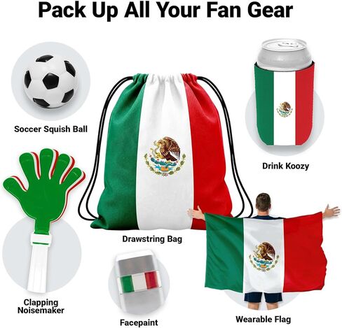 G128 World Soccer Tournament 2026 Cup Soccer Fan Set 6PCS, Mexico Fan Merch with Flag and Koozie, Accessories for Sports Parties in Kuwait
