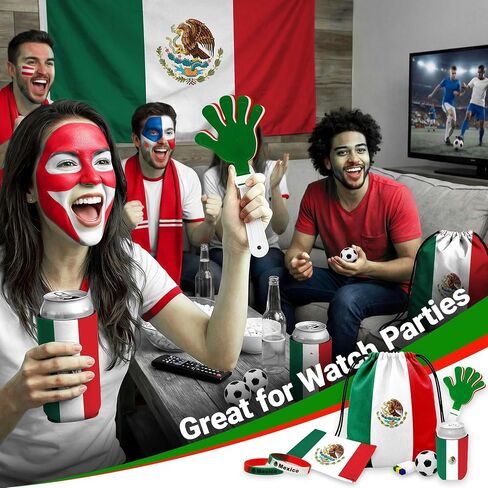 G128 World Soccer Tournament 2026 Cup Soccer Fan Set 6PCS, Mexico Fan Merch with Flag and Koozie, Accessories for Sports Parties in Kuwait