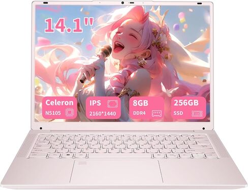 14.1'' Pink Laptop with 2K Display, Fingerprint Reader, Backlit Keyboard, Type-C, Intel Celeron N5105 Processor, Up to 2.9GHz, 32GB DDR4 RAM 1TB NVMe SSD Student and Business Laptops, Pink in Kuwait