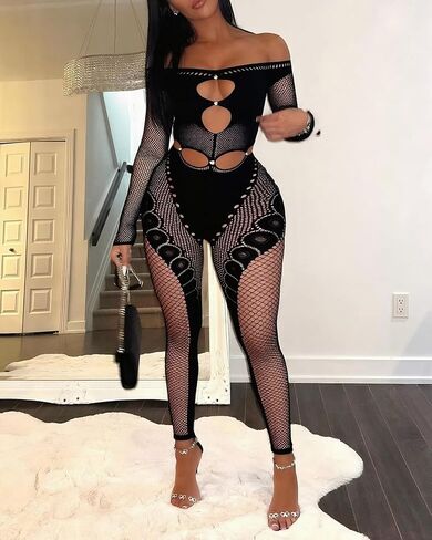 Sexy One Piece Mesh Jumpsuit For Women Hollow See Through Bodysuit Off Shoulder Club Romper in Kuwait