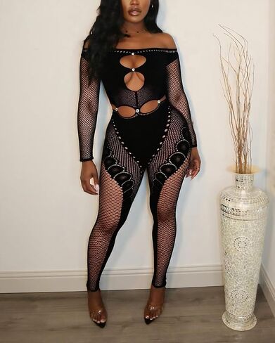Sexy One Piece Mesh Jumpsuit For Women Hollow See Through Bodysuit Off Shoulder Club Romper in Kuwait