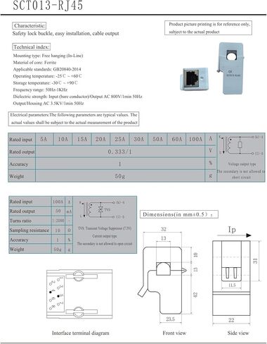 SCT013-RJ45 100A/50mA Accuracy 1% Split Core Current Sensor AC Clamp Transformer in Kuwait