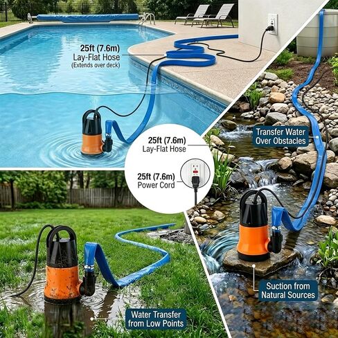Submersible Water Pump With 25ft. Hose Kit, Sump Pump, Utility Pump with 25-Foot Power Cord, Portable Water Pump for Swimming Pools, Garden Ponds, Floors, Basements, Multi-Purpose Drainage in Kuwait