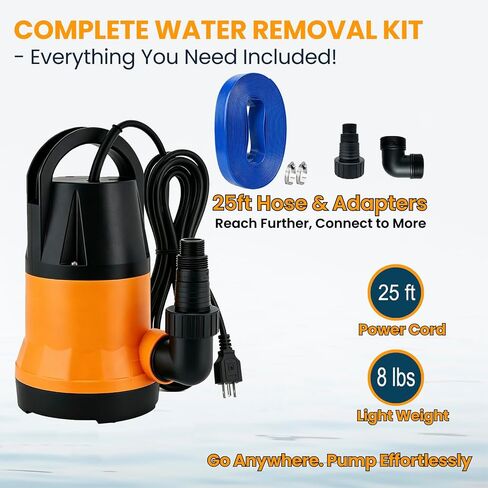 Submersible Water Pump With 25ft. Hose Kit, Sump Pump, Utility Pump with 25-Foot Power Cord, Portable Water Pump for Swimming Pools, Garden Ponds, Floors, Basements, Multi-Purpose Drainage in Kuwait