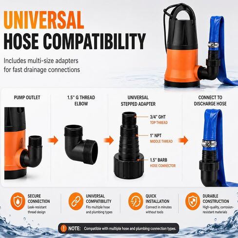 Submersible Water Pump With 25ft. Hose Kit, Sump Pump, Utility Pump with 25-Foot Power Cord, Portable Water Pump for Swimming Pools, Garden Ponds, Floors, Basements, Multi-Purpose Drainage in Kuwait