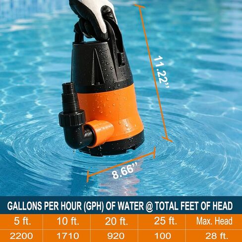 Submersible Water Pump With 25ft. Hose Kit, Sump Pump, Utility Pump with 25-Foot Power Cord, Portable Water Pump for Swimming Pools, Garden Ponds, Floors, Basements, Multi-Purpose Drainage in Kuwait