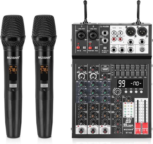جهاز مزج الصوت 4 قنوات مع ميكروفونات مزدوجة، لوحة خلط DJ لوحدة تحكم الموسيقى الصوتية Pro 99DSP مع 7 نطاقات EQ، USB، بلوتوث، طاقة فانتوم 48 فولت ووظيفة الوسادة لتسجيل البث المباشر PA in Kuwait