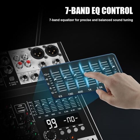 جهاز مزج الصوت 4 قنوات مع ميكروفونات مزدوجة، لوحة خلط DJ لوحدة تحكم الموسيقى الصوتية Pro 99DSP مع 7 نطاقات EQ، USB، بلوتوث، طاقة فانتوم 48 فولت ووظيفة الوسادة لتسجيل البث المباشر PA in Kuwait