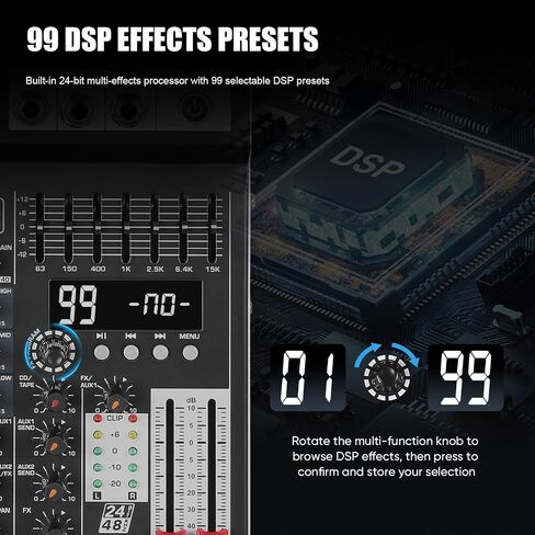 جهاز مزج الصوت 4 قنوات مع ميكروفونات مزدوجة، لوحة خلط DJ لوحدة تحكم الموسيقى الصوتية Pro 99DSP مع 7 نطاقات EQ، USB، بلوتوث، طاقة فانتوم 48 فولت ووظيفة الوسادة لتسجيل البث المباشر PA in Kuwait