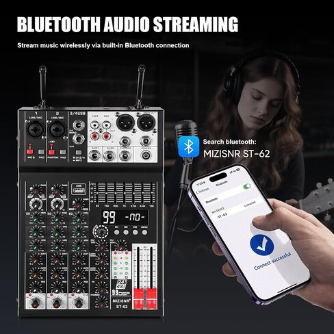 جهاز مزج الصوت 4 قنوات مع ميكروفونات مزدوجة، لوحة خلط DJ لوحدة تحكم الموسيقى الصوتية Pro 99DSP مع 7 نطاقات EQ، USB، بلوتوث، طاقة فانتوم 48 فولت ووظيفة الوسادة لتسجيل البث المباشر PA in Kuwait