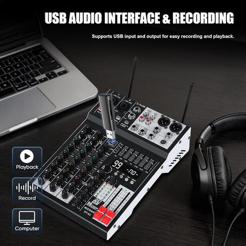 جهاز مزج الصوت 4 قنوات مع ميكروفونات مزدوجة، لوحة خلط DJ لوحدة تحكم الموسيقى الصوتية Pro 99DSP مع 7 نطاقات EQ، USB، بلوتوث، طاقة فانتوم 48 فولت ووظيفة الوسادة لتسجيل البث المباشر PA in Kuwait