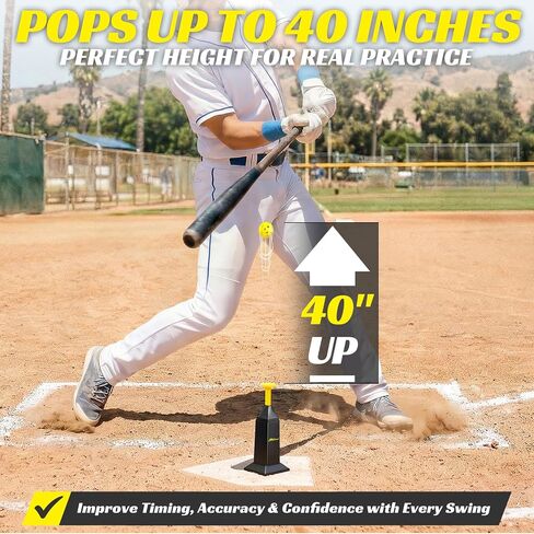 تي شيرت بيسبول أوتوماتيكي من Pops مع 12 كرة صغيرة، ارتفاع يصل إلى 40 بوصة بدون إبريق للتمرين الفردي، تحسين توقيت التأرجح والدقة، آلة رمي محمولة، تي شيرت كرة لينة لجميع اللاعبين in Kuwait