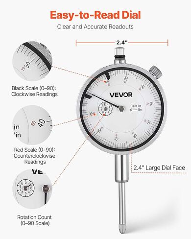 VEVOR Dial Test Indicator with Dual Rod Stand and Storage Case, 0.001 inch Accuracy, 0-1 inch Range, Fine Adjustable Long Arm, Non-Magnetic Centering Rods for Machine Set-Up, Narrow Area Measurement in Kuwait