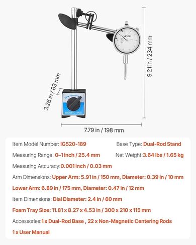 VEVOR Dial Test Indicator with Dual Rod Stand and Storage Case, 0.001 inch Accuracy, 0-1 inch Range, Fine Adjustable Long Arm, Non-Magnetic Centering Rods for Machine Set-Up, Narrow Area Measurement in Kuwait