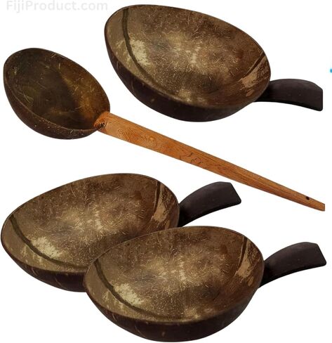 Kava Drinking Cup - 100% Natural Fiji Coconut Shell (3 CUPS/BOWL) 1 Bowl with Long Wooden Handle, 3 with Bowl with Short Handle in Kuwait