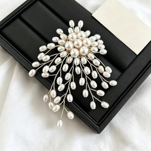 Dainty Large White Oval Pearl Flower Blooming Brooch Pin for Women, Statement Pearls Floral Brooches Pins Party Wedding Jewelry Gift Dress Accessories in Saudi Arabia