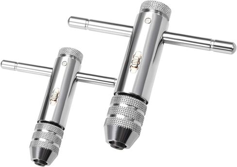 2-Piece T-Handle Ratchet Tap Wrench Set, Reversible Ratcheting Tap Holder with Hardened Steel Jaws, Fits M3-M8 & M5-M12 Machine Screw Taps for Hand Threading, Auto Repair & Machinist Work in Kuwait